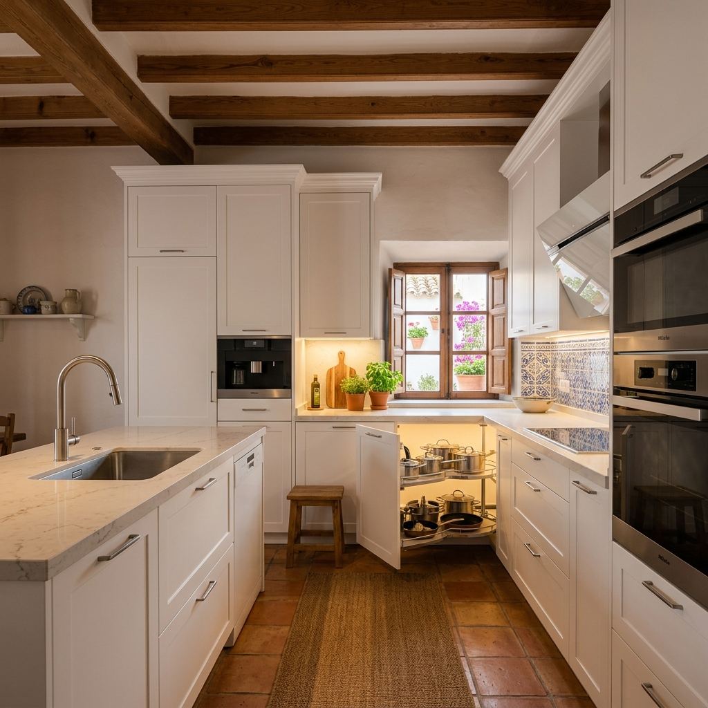 Cocina a medida lacada en blanco con muebles hasta el techo y encimera de cuarzo, Zaragoza