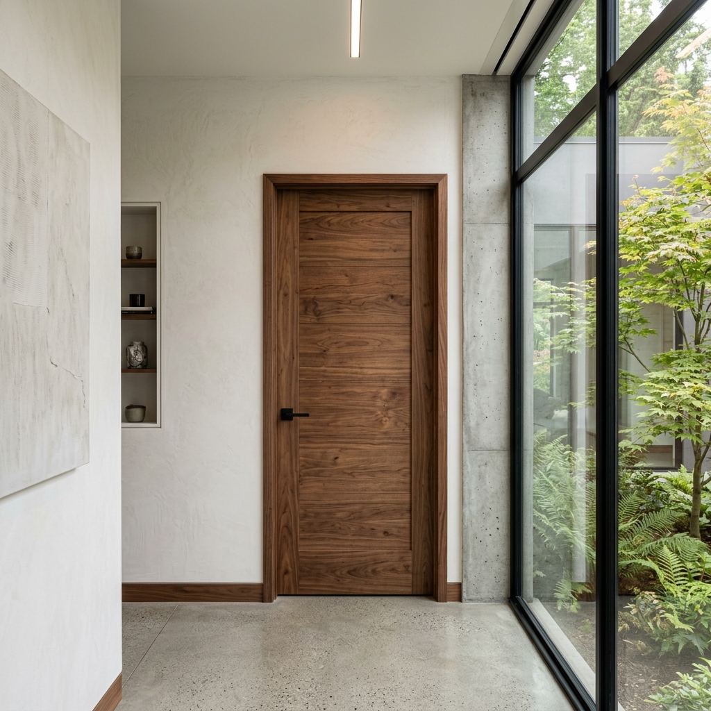 Puerta de paso a medida en madera maciza de nogal con acabado natural, fabricada en Zaragoza