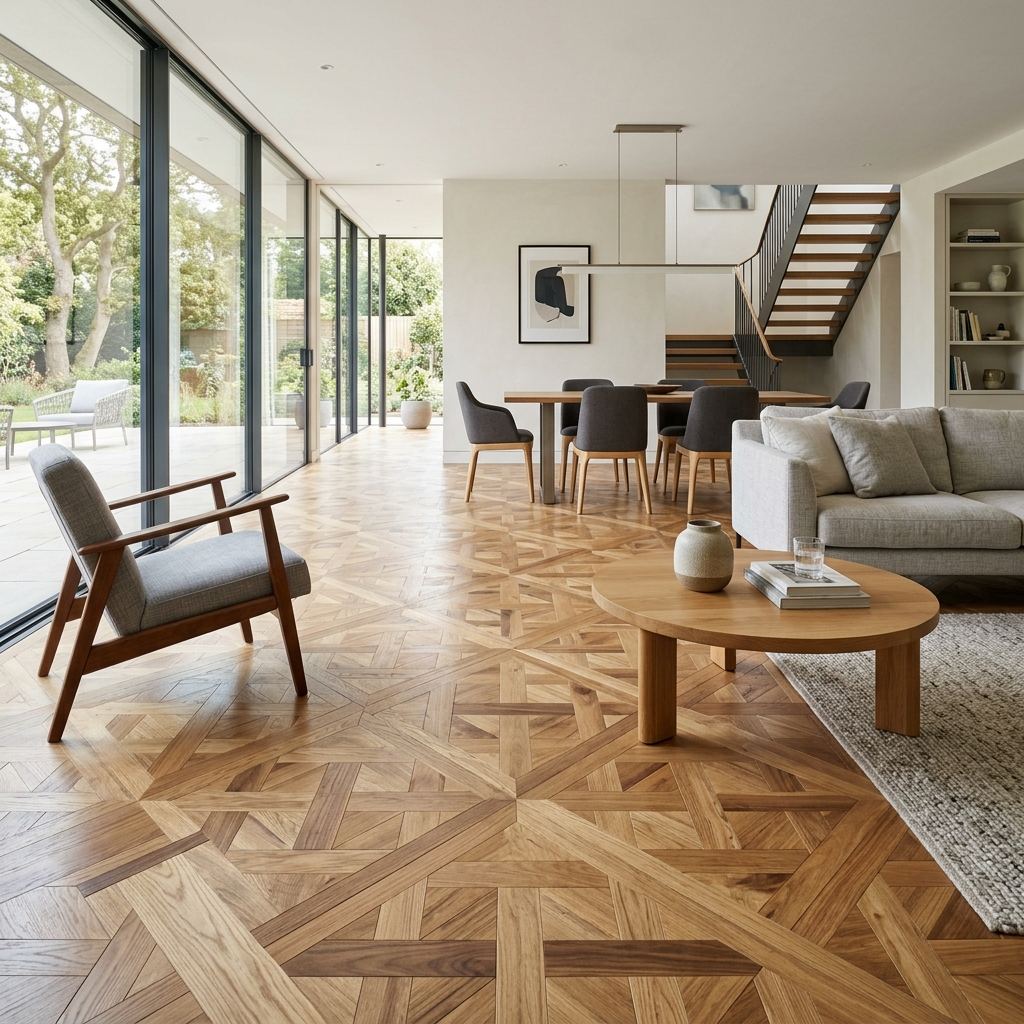 Tarima de madera maciza de roble instalada en salón de vivienda, acuchillada y barnizada en Zaragoza